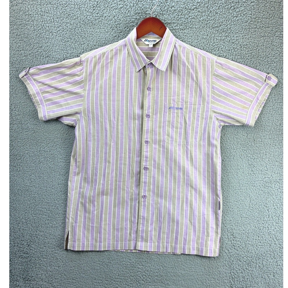 Mizuno Striped Short Sleeve Shirt Mens L Purple Beige Button Front Vintage